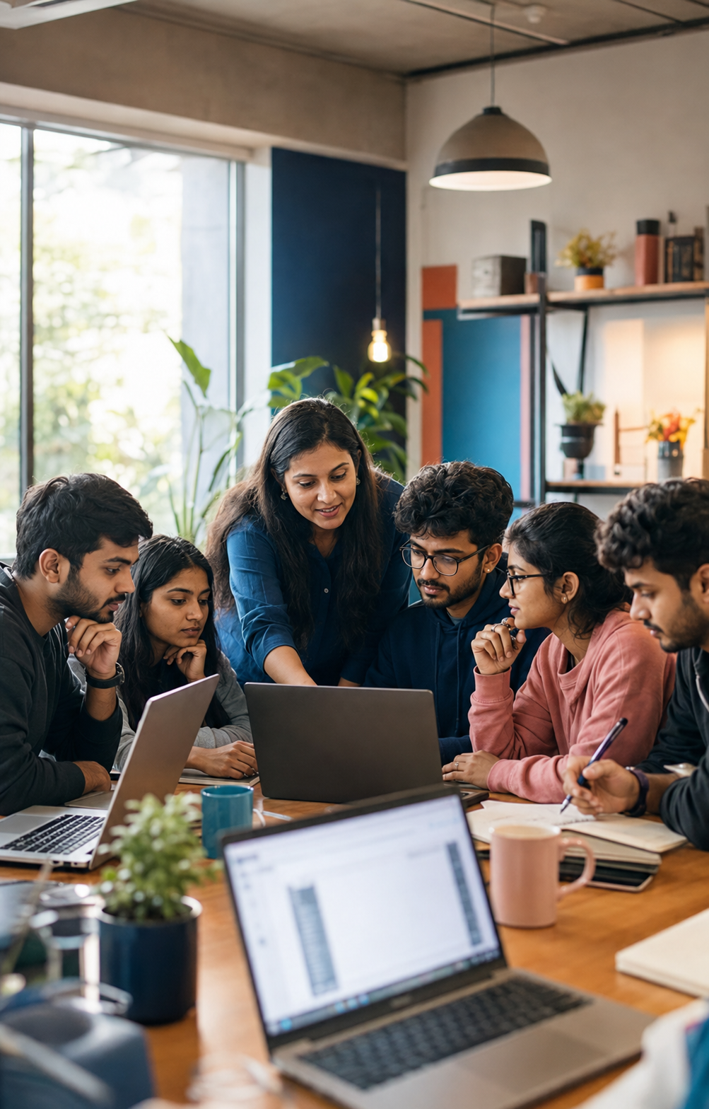 A cybersecurity mentor guiding college students and early-career learners during a practical computer workshop